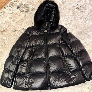 Moncler Shiny Black Puffer Jacket with Fur Trim